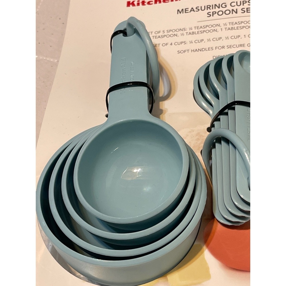 KitchenAid Measuring Cups Spoon‎ Set Aqua Blue Plastic 9pc Dishwasher Safe New